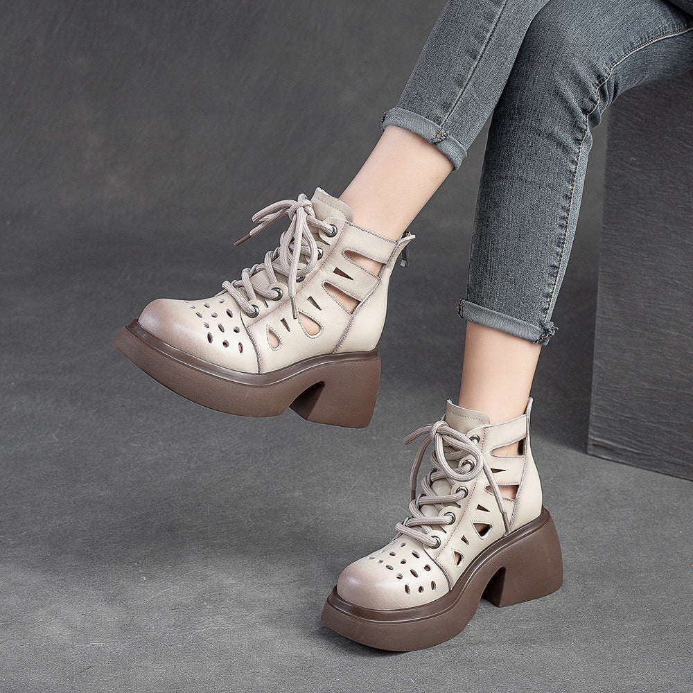 Women Summer Hollow Leather Chunky Heel Ankle Boots-RAIIFY