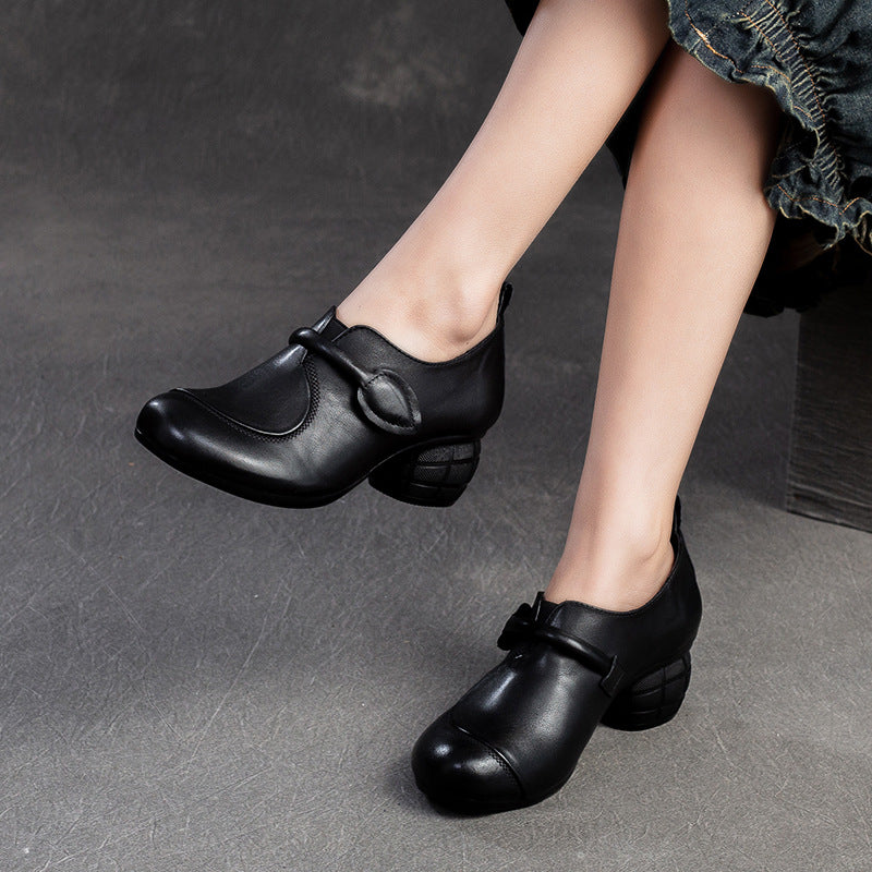 Women Retro Leather Minimliast Chunky Heel Pumps-RAIIFY