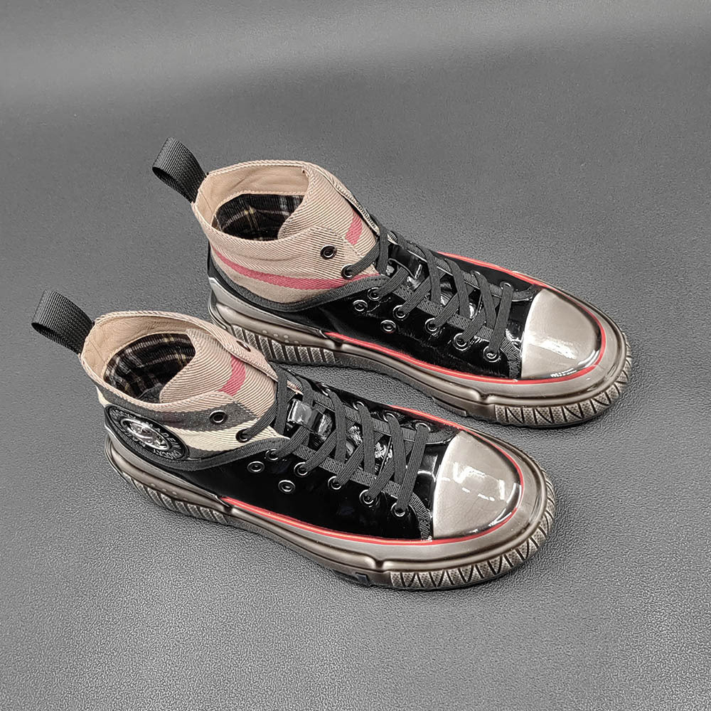 Men Stylish Glossy Leather Patchwork High Top Casual Shoes-RAIIFY