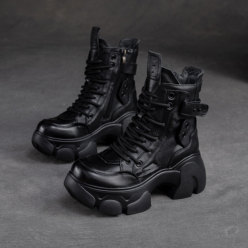 Women Winter Retro Leather Chunky Platform Boots-RAIIFY