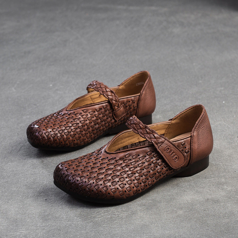 Women Retro Plaited Leather Soft Velcro Flats-RAIIFY