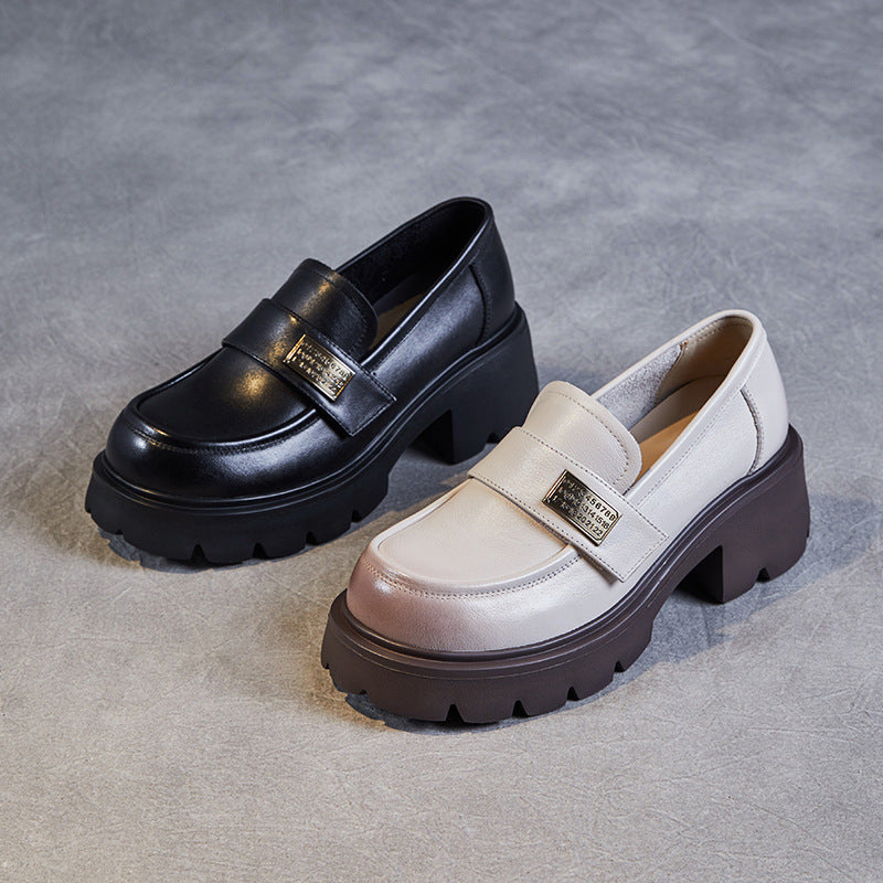 Women Retro Leather Chunky Platform Casual Loafers-RAIIFY