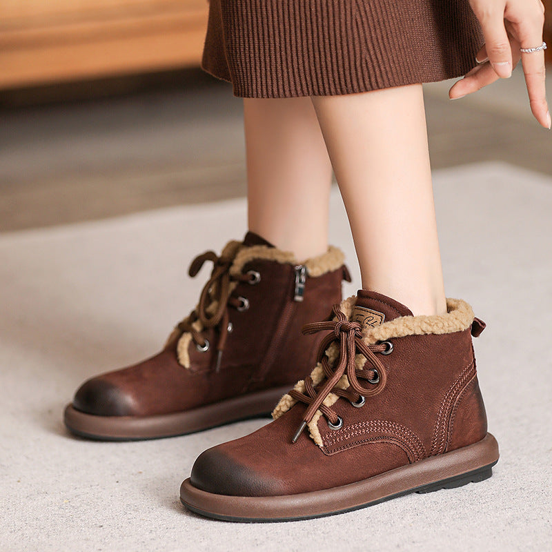 Women Winter Retro Nubuck Leather Flat Winter Boots-RAIIFY