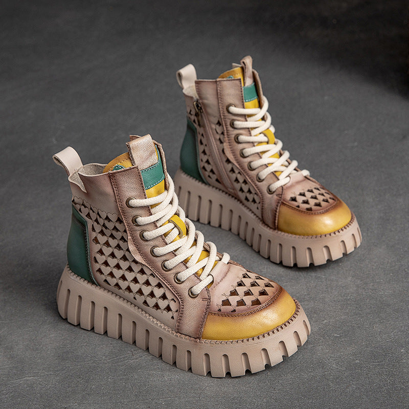 Women Casual Summer Patchwork Hollow Leather Boots-RAIIFY