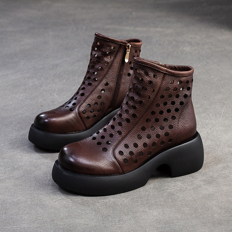 Women Minimalist Hollow Leather Chunky Platform Boots-RAIIFY