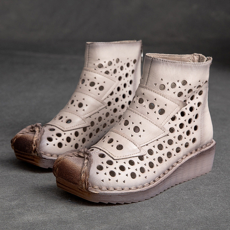Women Summer Hollow Leather Low Wedge Boots-RAIIFY
