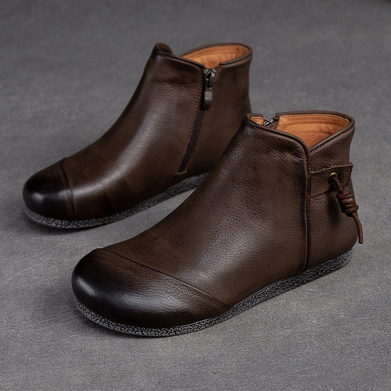Women Retro Minimalist Leather Soft Flat Ankle Boots-RAIIFY