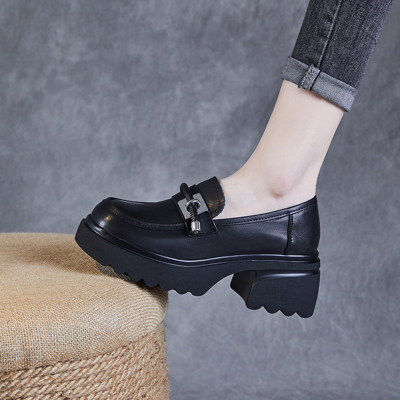 Women Retro Leather Casual Chunky Platform Loafers-RAIIFY