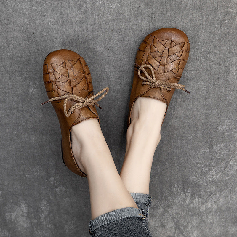 Women Retro Handmade Plaited Leather Flat Shoes-RAIIFY