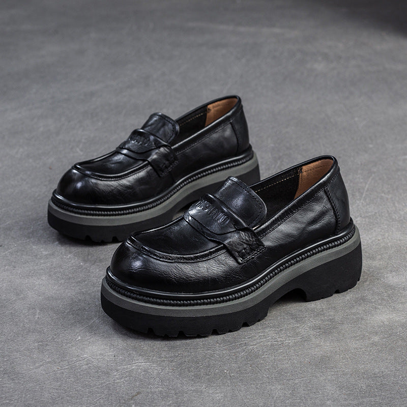 Women Retro Leather Thick Soled Casual Loafers-RAIIFY