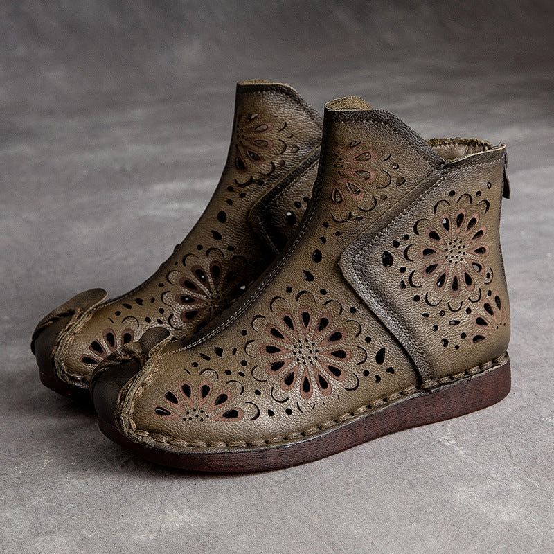 Women Summer Hollow Leather Handmade Ankle Boots-RAIIFY
