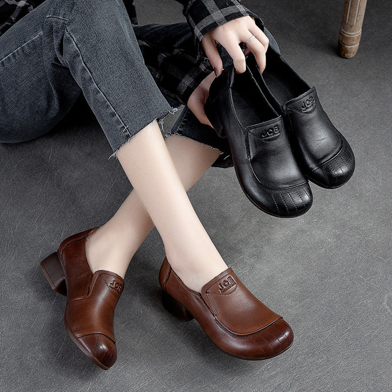 Women Retro Leather Chunky Heel Casual Shoes-RAIIFY