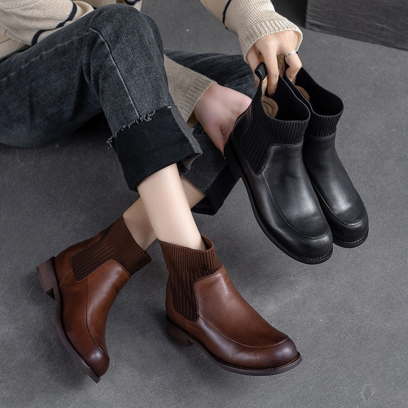 Women Retro Leather Patchwork Ankle Sock Boots-RAIIFY