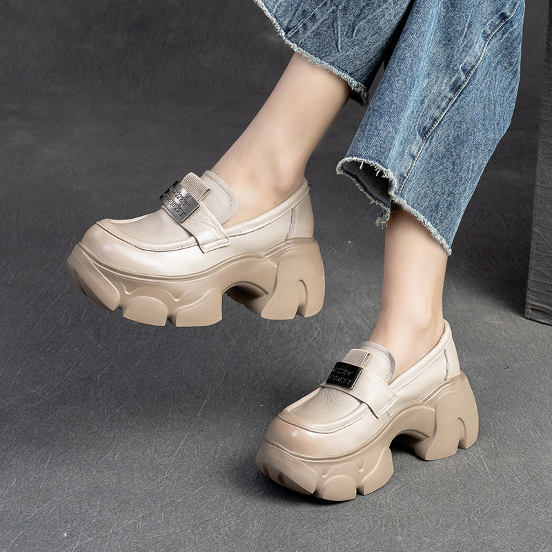 Women Minimalist Leather Chunky Platform Loafers-RAIIFY