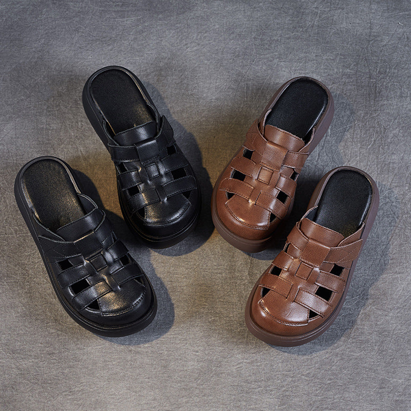 Women Retro Hollow Plaited Leather Wedge Slides-RAIIFY
