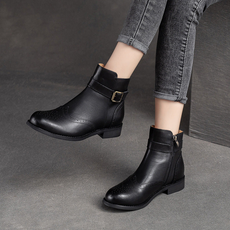Women Classic Patchwork Leather Flat Boots-RAIIFY