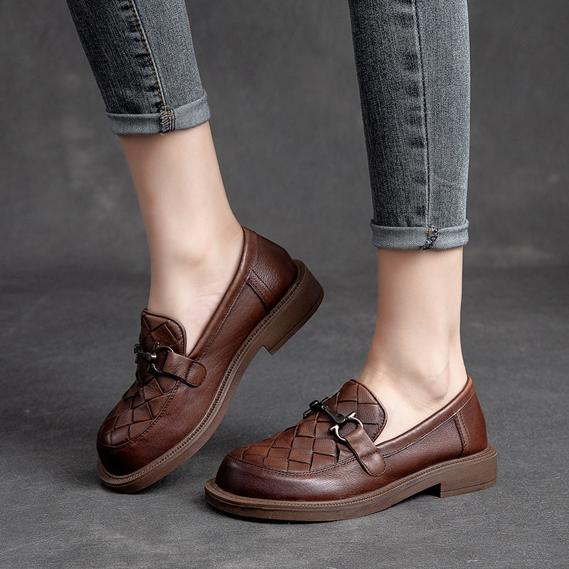 Women Retro Casual Handcraft Plaited Leather Loafers-RAIIFY