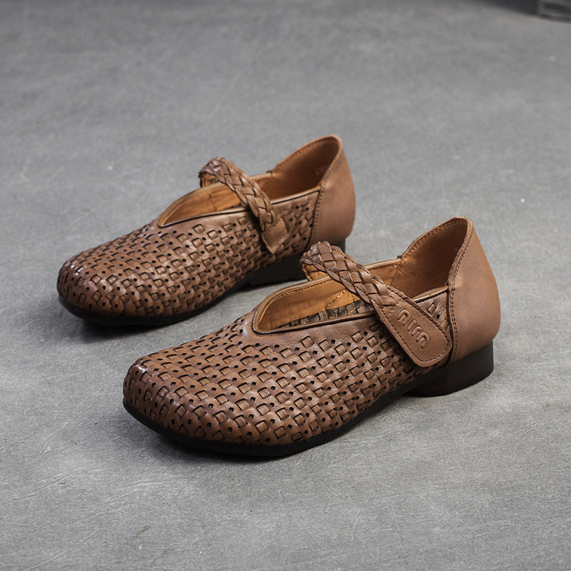 Women Retro Plaited Leather Soft Velcro Flats-RAIIFY