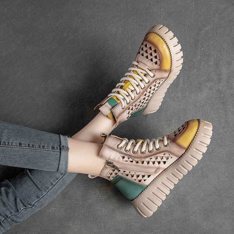 Women Casual Summer Patchwork Hollow Leather Boots-RAIIFY