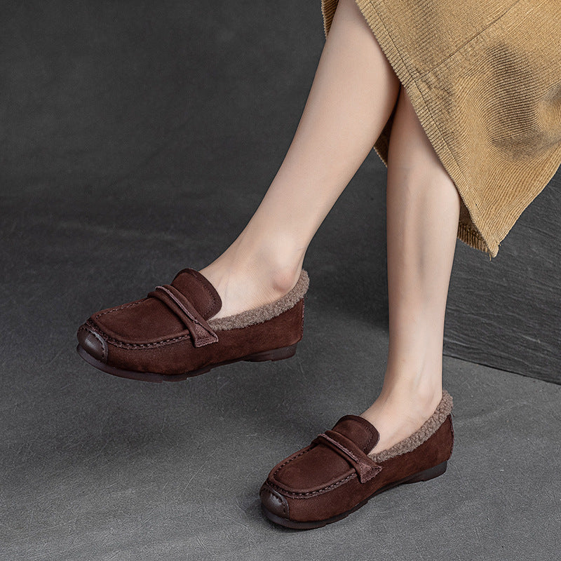 Women Retro Leather Flat Furred Winter Loafers-RAIIFY