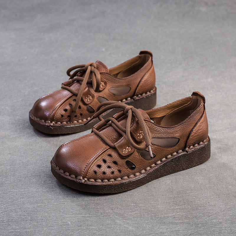 Women Retro Hollow Leather Flat Casual Shoes-RAIIFY