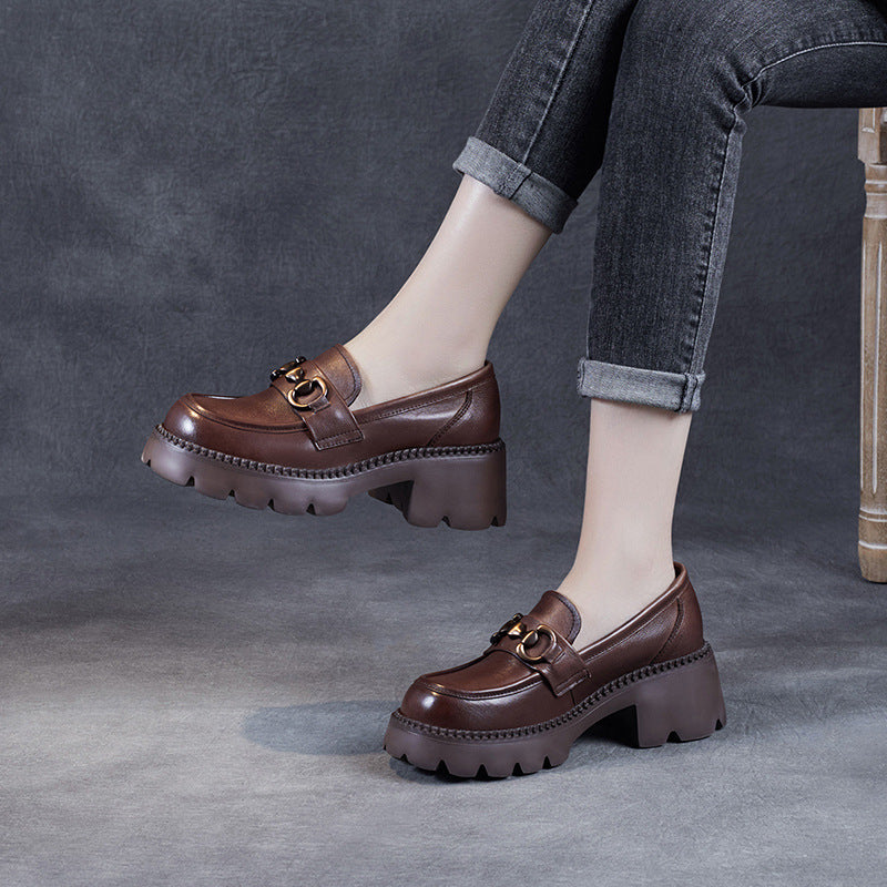 Women Retro Soft Leather Chunky Heel Loafers-RAIIFY
