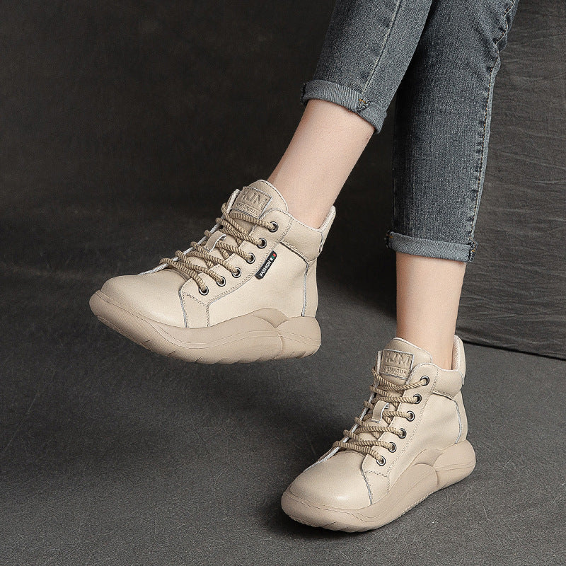 Women Lace-Up Casual Fashion Leather Flat Ankle Boots-RAIIFY