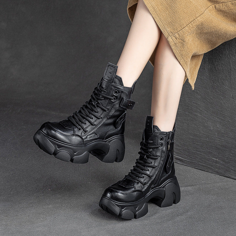 Women Winter Retro Leather Chunky Platform Boots-RAIIFY