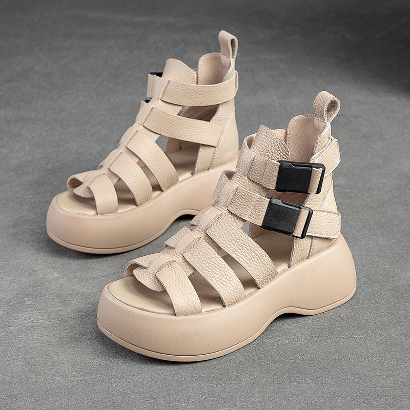 Women Summer Plaited Leather Chunky Platform Boots-RAIIFY