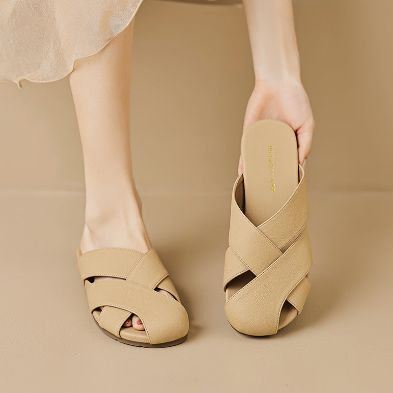 Women Summer Plaited Soft Leather Casual Slides-RAIIFY