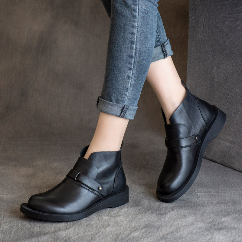 Women Solid Leather Retro Soft Flat Boots-RAIIFY