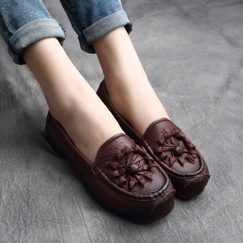 Women Retro Leather Handcraft Soft Casual Flats-RAIIFY