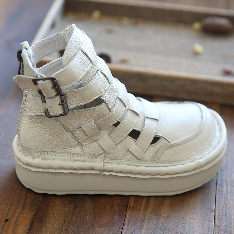 Women Retro Leather Hollow Round Head Sandals-RAIIFY