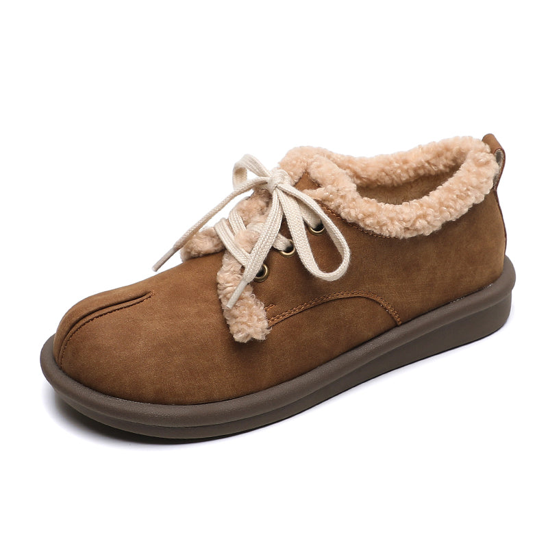 Women Retro Leather Furred Flat Casual Shoes-RAIIFY