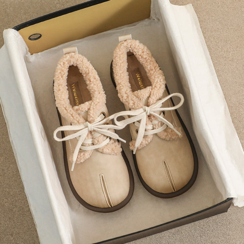 Women Retro Leather Furred Flat Casual Shoes-RAIIFY