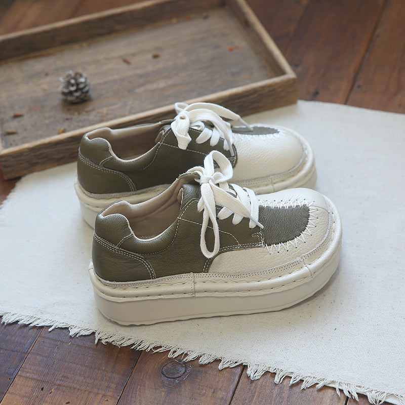 Women Retro Patchwork Leather Thick Sole Casual Shoes-RAIIFY