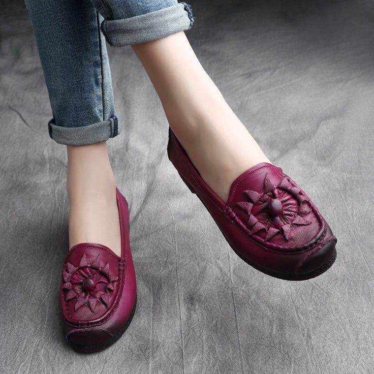 Women Retro Leather Handcraft Soft Casual Flats-RAIIFY