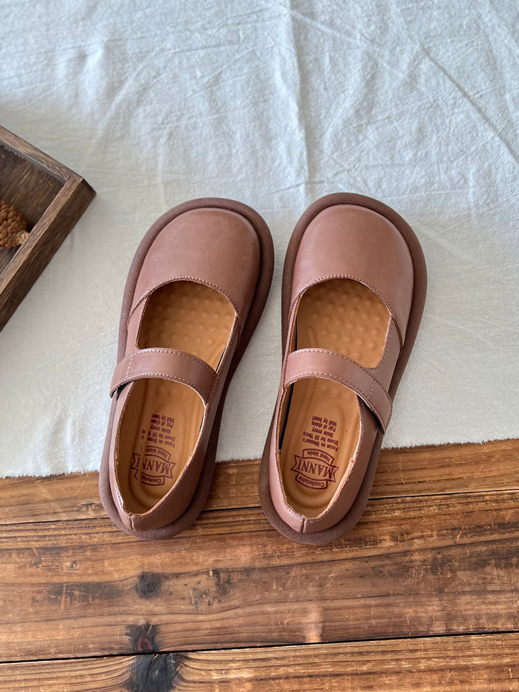 Women Retro Leather Velcro Tape Flat Loafers-RAIIFY