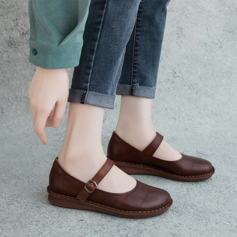 Women Casual Retro Leather Handmade Buckle Flats-RAIIFY