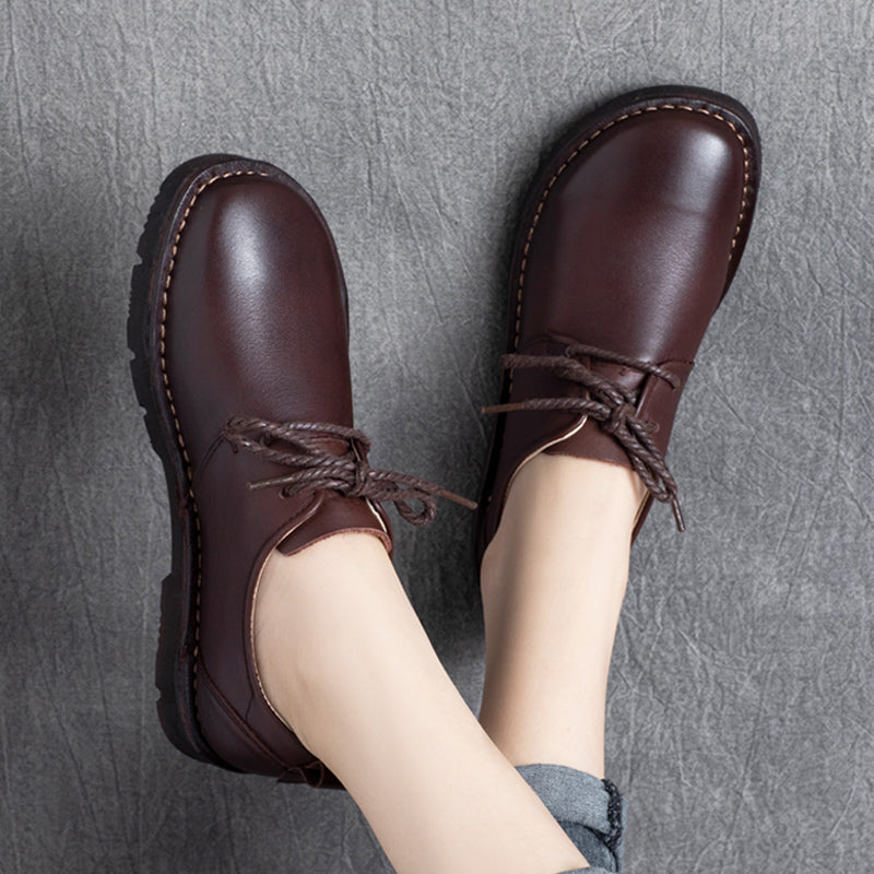 Women Retro Solid Cowhide Leather Soft Shoes-RAIIFY