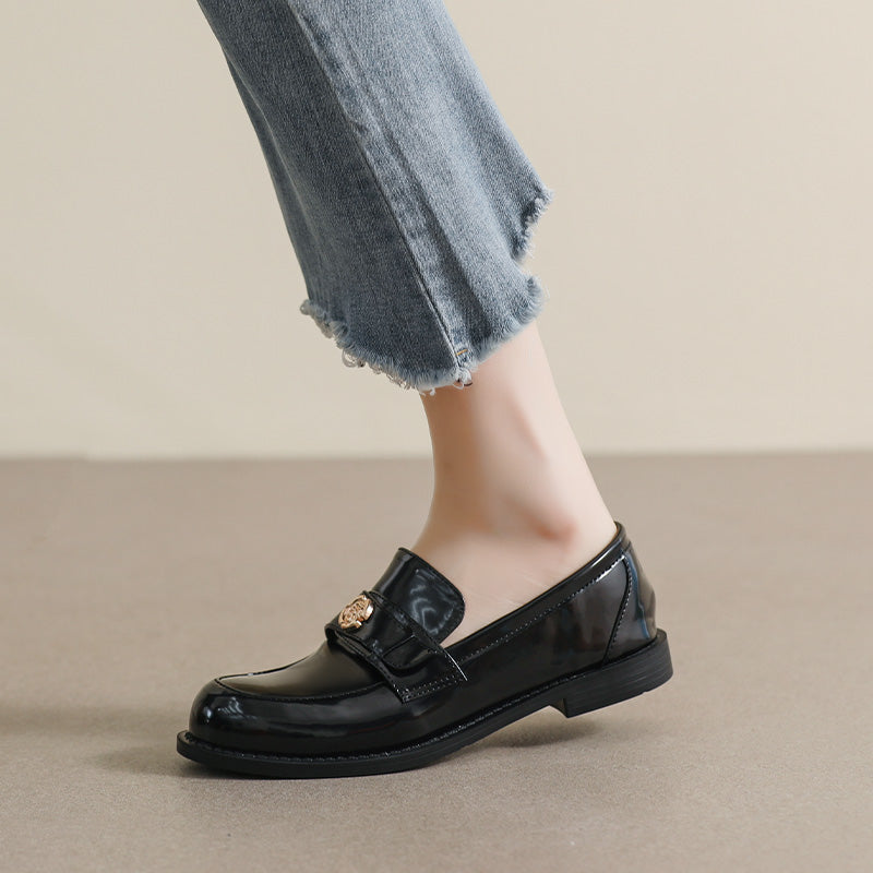 Women Minimalist Glossy Leather Flat Casual Loafers-RAIIFY