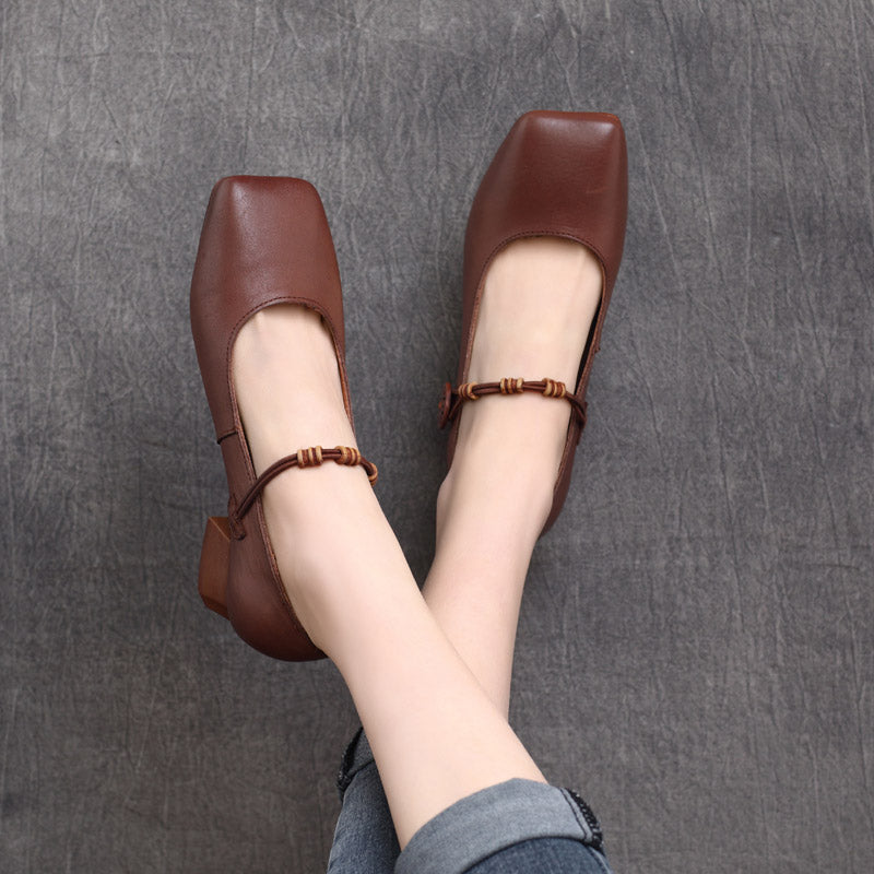 Women Solid Leather Square Head Pumps-RAIIFY