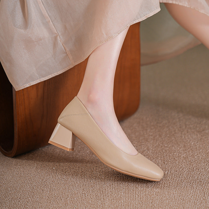 Women Minimalist Soft Comfort Leather Chunky Heel Pumps-RAIIFY