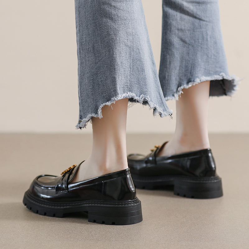 Women Retro Glossy Leather Casual Loafers-RAIIFY
