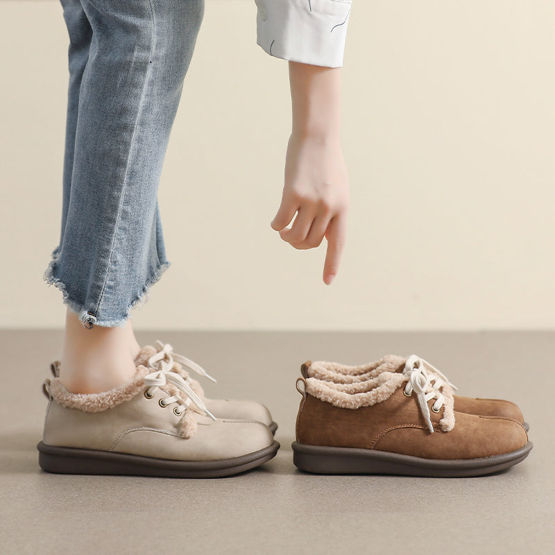 Women Retro Leather Furred Flat Casual Shoes-RAIIFY