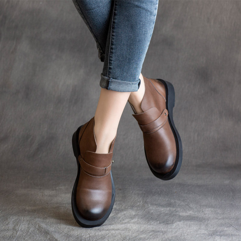 Women Solid Leather Retro Soft Flat Boots-RAIIFY