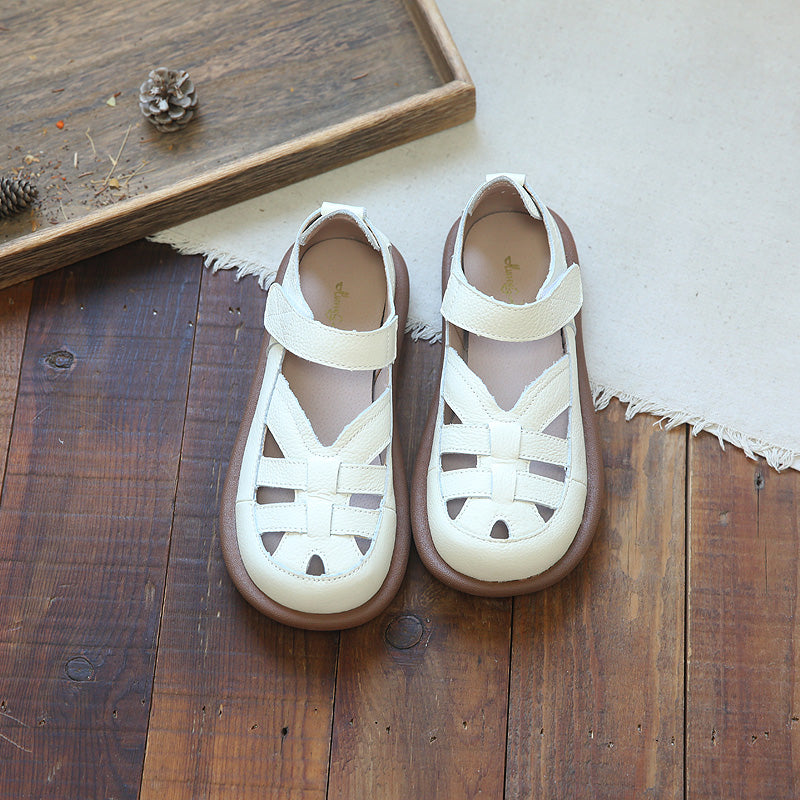 Women Retro Hollow Leather Flat Casual Sandals-RAIIFY