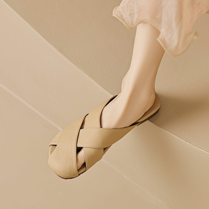 Women Summer Plaited Soft Leather Casual Slides-RAIIFY