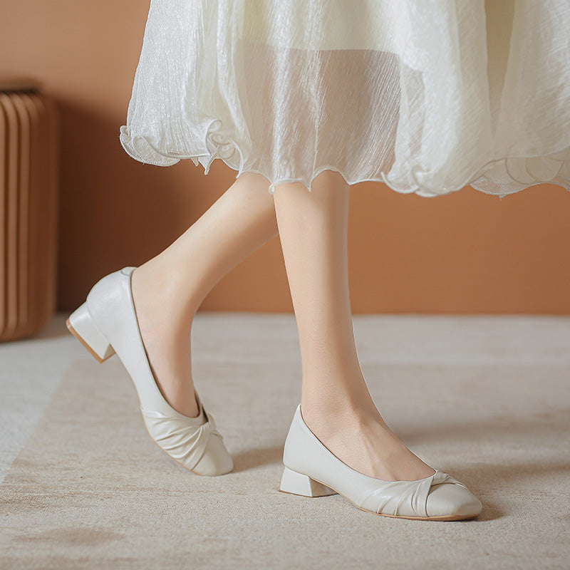 Women Retro Casual Leather Chunky Low Heel Pumps-RAIIFY