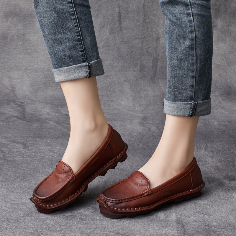 Women Retro Leather Handcraft Lug Sole Loafers-RAIIFY